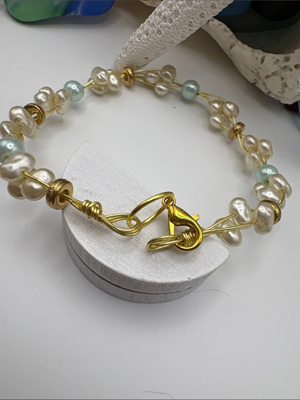 Gold Pearl and Seafoam Bead Wire Bracelet